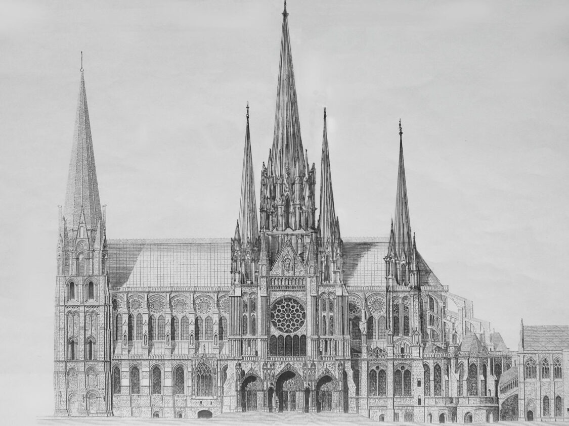 Kathedrale von Chartres mit neun ausgebauten Türmen in frühgotischen Formen