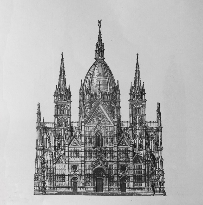 Bologna, St. Petronio. Dieser zweite variierte Plan zeigt einen weiteren Entwurf der kleineren Vierungskuppel über dem Mittelschiff, allerdings mit Kuppeldach und anderer Fassade nach Francesco Morandi.