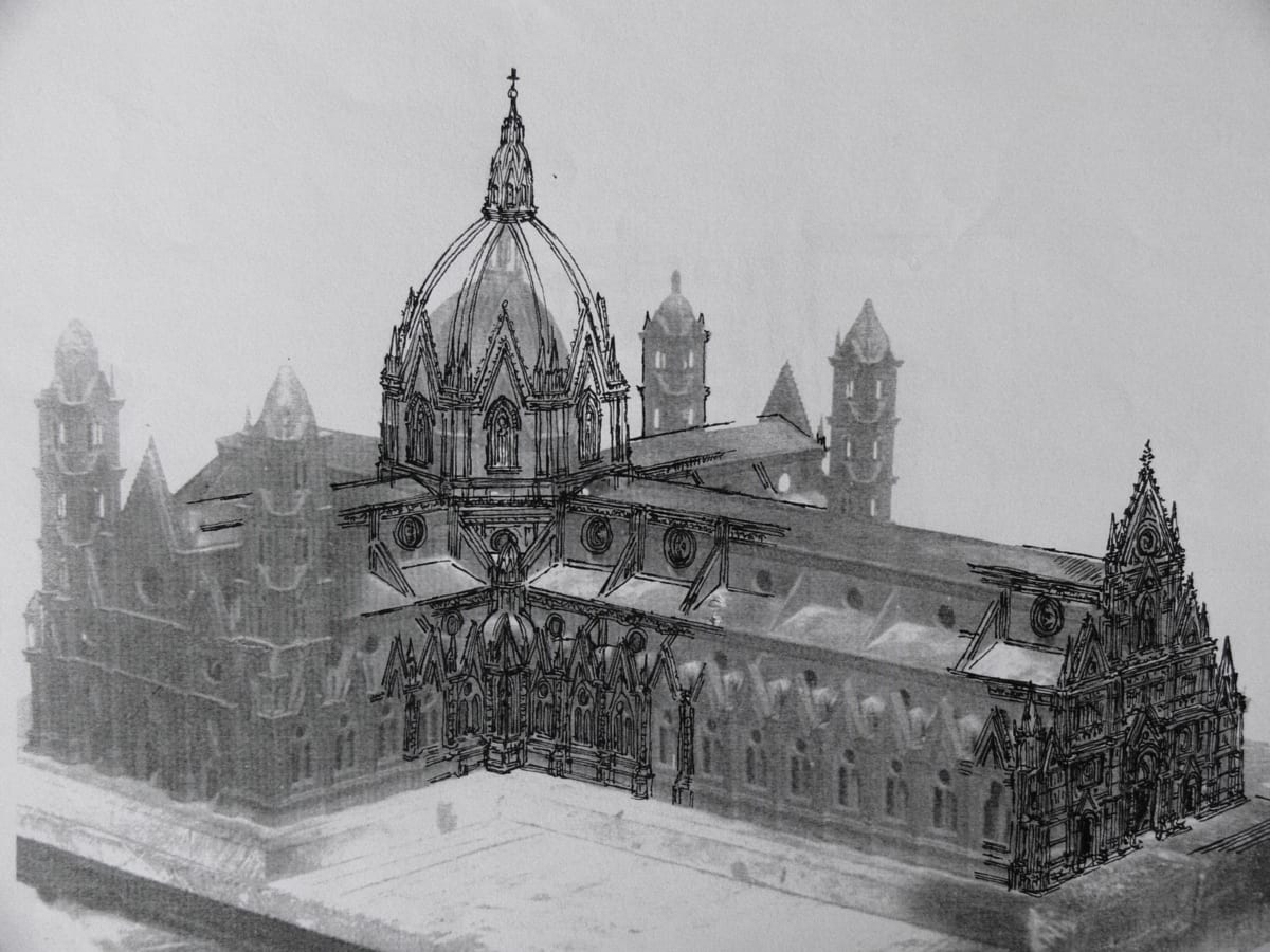 Bologna, St. Petronio. Der Plan zeigt in einer Überzeichnung die Variante mit der erhöhten Kuppel über einer Modellansicht nach Ariguzzi.