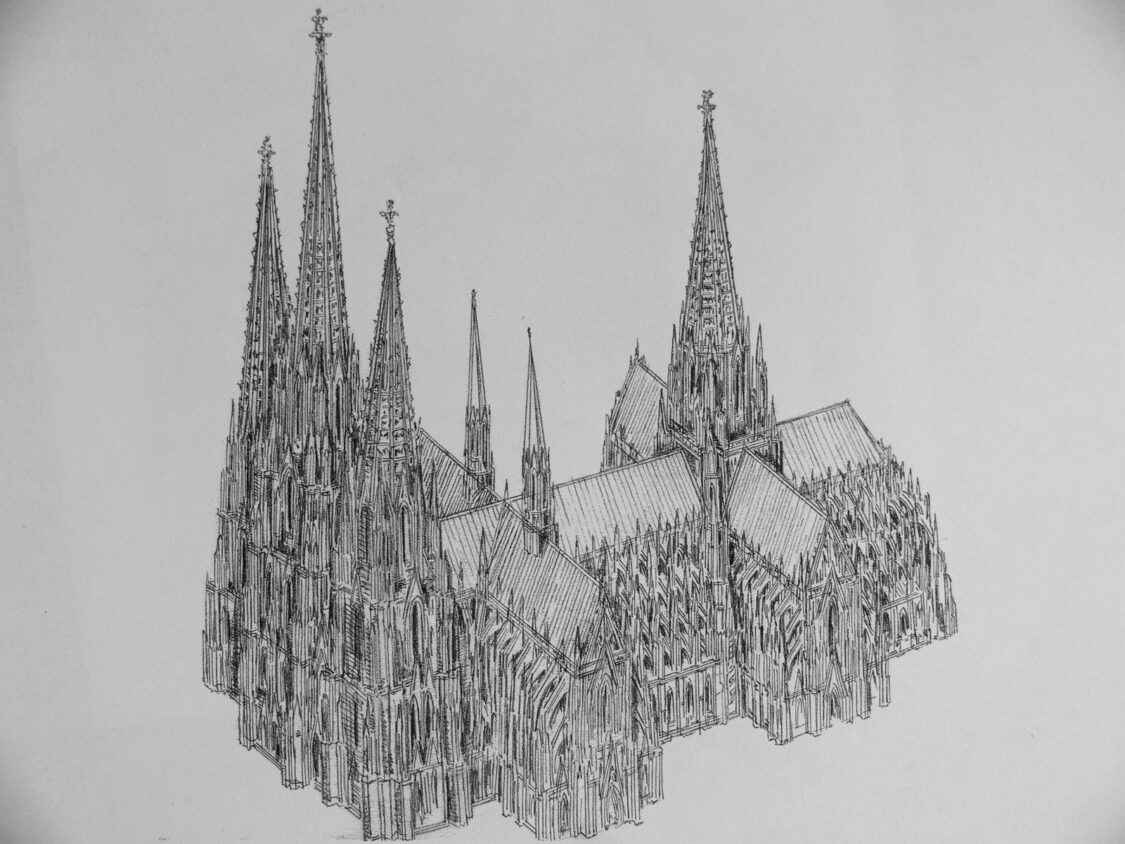 Köln Perspektive des Dreikönigplans mit dreitürmiger Fassade und zwei Querhäusern sowie Vierungsturm