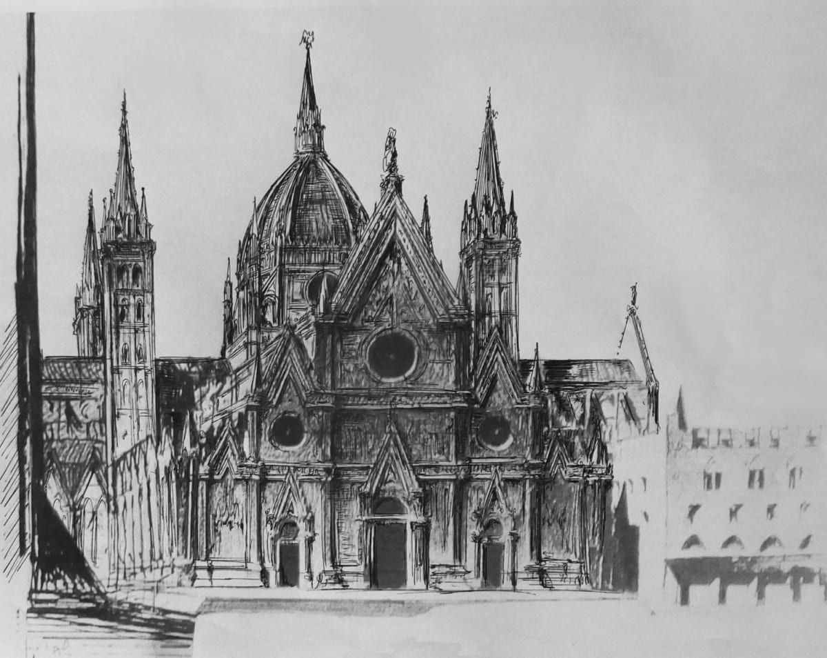 Bologna, St. Petronio. Der mögliche neugotische Ausführungsentwurf als Kombination der kleineren Varianten mit der Laternenkuppel in Art des Mailänder Domes und einem Kuppeldach nach dem Vorbild des Florentiner Domes.