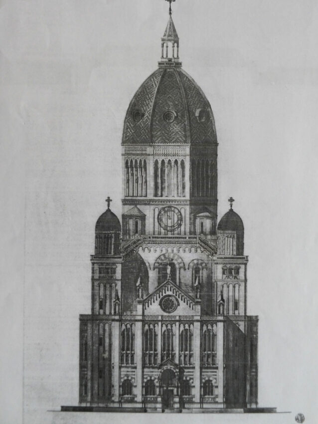 Hamburg Entwurf St. Nicolai von G. Semper. Aufriss mit erhöhter Kuppel und erhöhten Seitentürmen