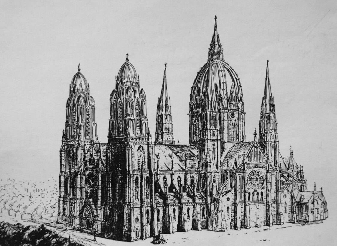 Perspektivische Darstellung des überarbeiteten Entwurfs zur Kirche St. Willibrordus am großen Amstelkanal. Das Projekt zeigt die Variante mit Kuppeln > Matthias Walther > Architekturcollage