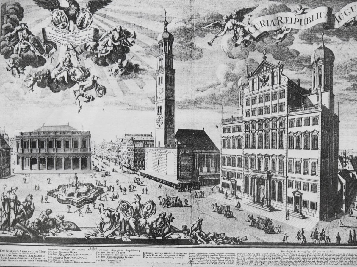 Der Rathausplatz wird um eine offene Bogenloggia mit Festsaal erweitert, wie sie tatsächlich von Heintz geplant war und als Modell gut überliefert ist. > Matthias Walther > Architekturcollage