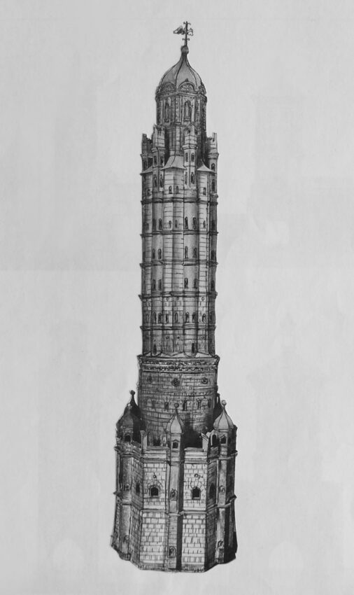 Der höchste und prunkvollste Turm der Stadtbefestigung wurde als Lueg ins Land deutlich erhöht und verziert. Es erscheint hier ein überarbeitetes Modellfoto dieses Turms. > Matthias Walther > Architekturcollage