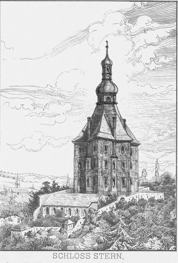 Schloss Stern mit dem ausgebauten Dach und Scraffitomalereien, so wie es in der Renaissance von Bonifaz Wolmuth geplant war. Heute nur mehr fragmentarisch erhalten.