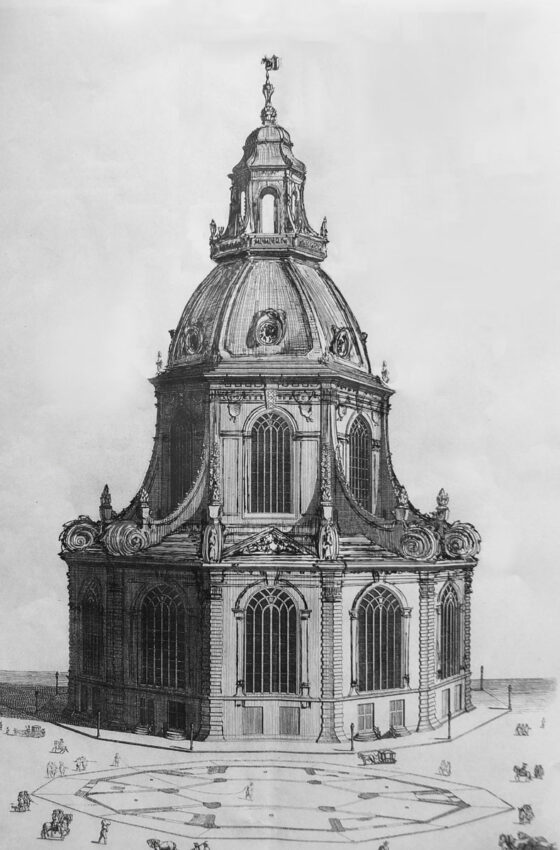 Perspektivische Ansicht der Postkerk nach den veränderten Plänen ausgehend von Nikolas Listingh > Matthias Walther > Architekturcollage