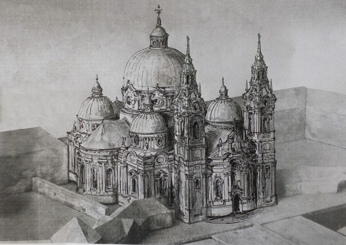 Gran/Esztergom. Früher Entwurf zu einem barocken Bau unter Einbeziehung der älteren Renaissancekapelle.