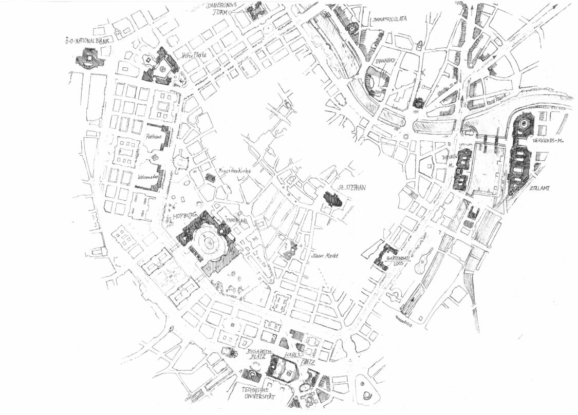 Stadtplan mit dunkel hervor gehobenen Änderungen