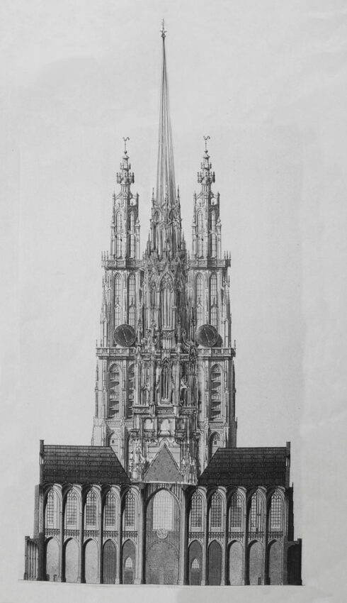 Antwerpen Kathedrale. Vierungsturm von Osten mit der vervollständigten Westfassade.
