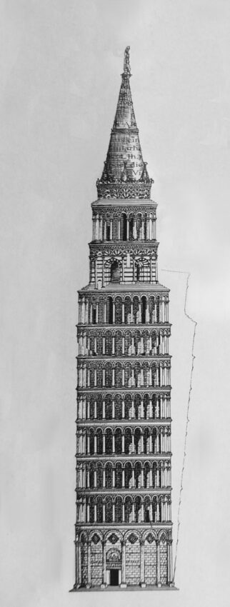Pisa, Dom. Ansicht des begradigten Turmes mit den weiteren Geschossen und dem Kegeldach