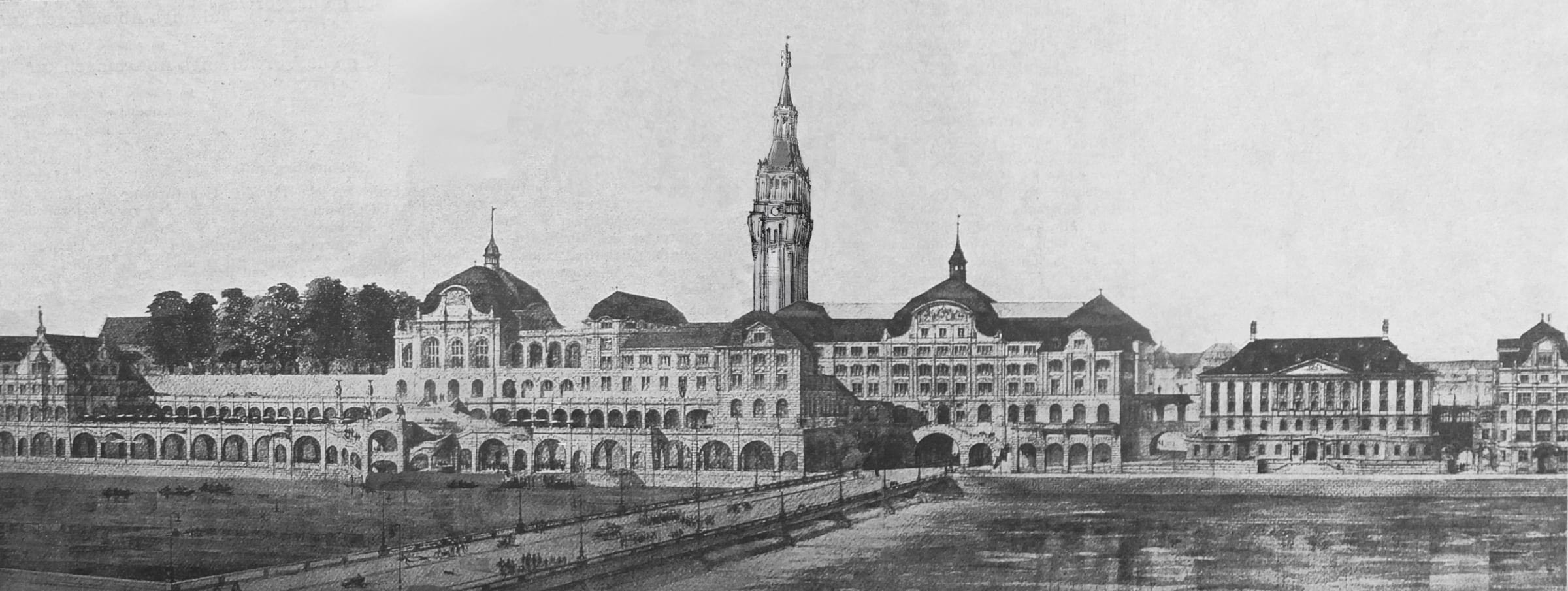 Zürich. Stadthauskomplex als neues Rathaus an der Limmat mit hohem Glockenturm.