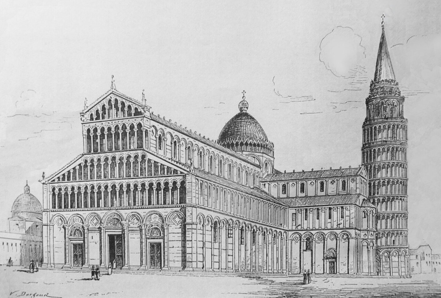Pisa, Dom. Perspektivische Ansicht des Dombezirks mit dem ausgebauten Turm von Pisa