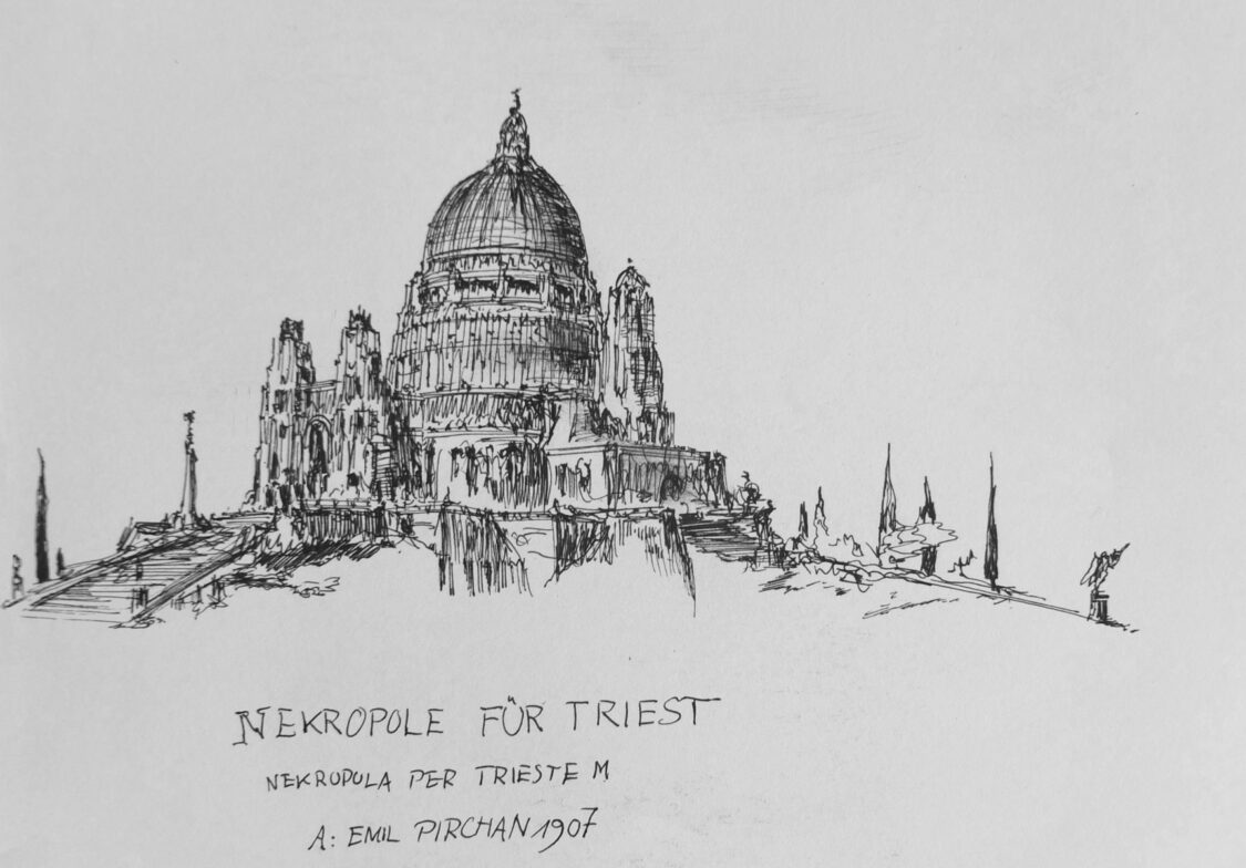 Triest. Nekropole über der Stadt von Emil Pirchan, gesehen in einer perspektivischen Ansichtsskizze.