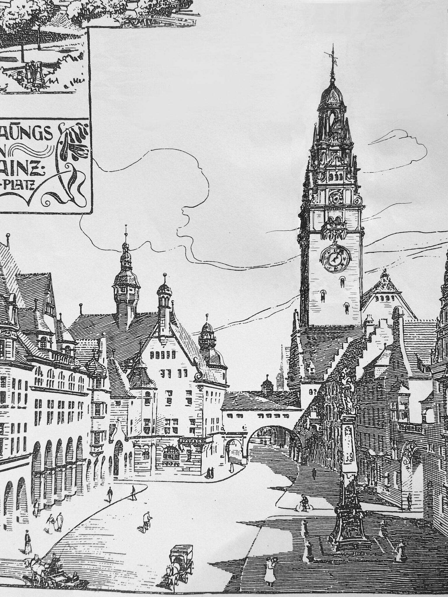 Mainz. Neues Verwaltungszentrum mit Rathaus. Blick stadteinwärts Richtung Dom.