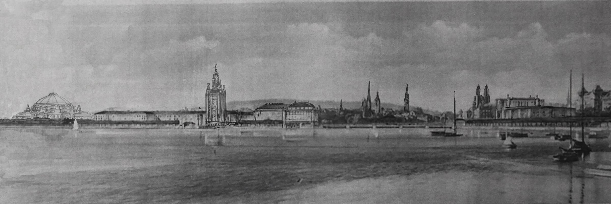 Zürich. Ansicht der neuen Uferbebauung des Sees vom Südufer.