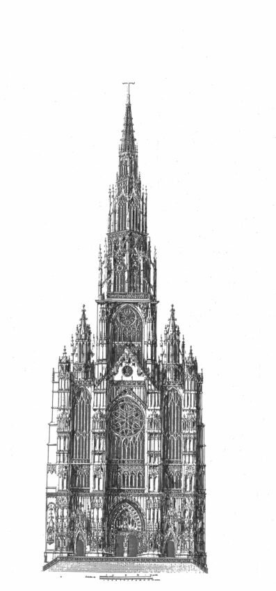 Kathedrale von Beauvais mit vollständig ausgebautem Vierungsturm und dem Langhaus mit den stumpf geplanten Westtürmen. Fassadenentwurf von