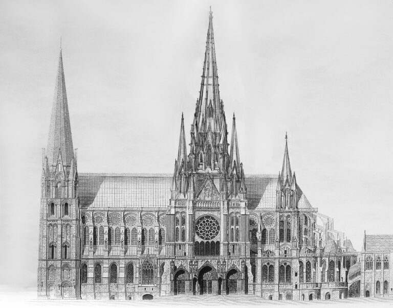 Kathedrale von Chartres mit neun ausgebauten Türmen in frühgotischen Formen