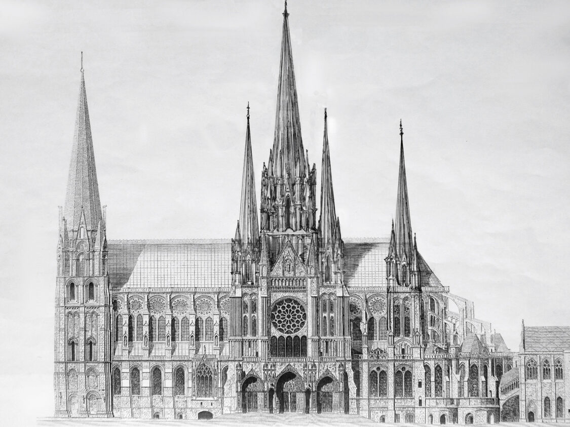 Kathedrale von Chartres mit neun ausgebauten Türmen in hochgotischen Formen