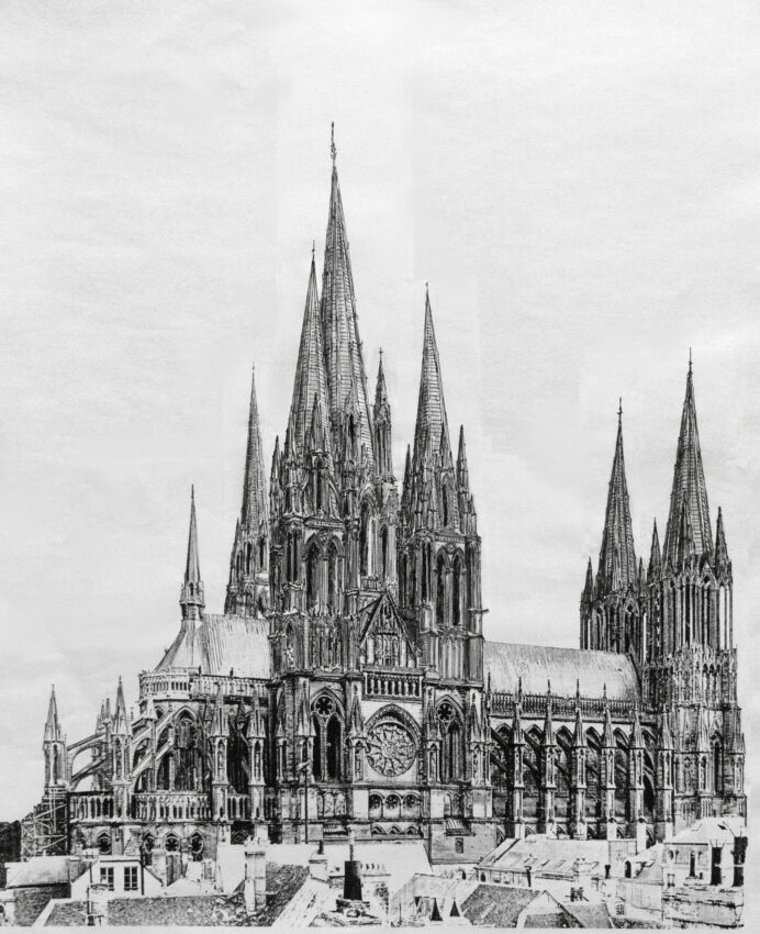 Kathedrale von Reims mit Türmen nach Viollet-le-Ducs Entwurf zur "Cathedrale ideale"
