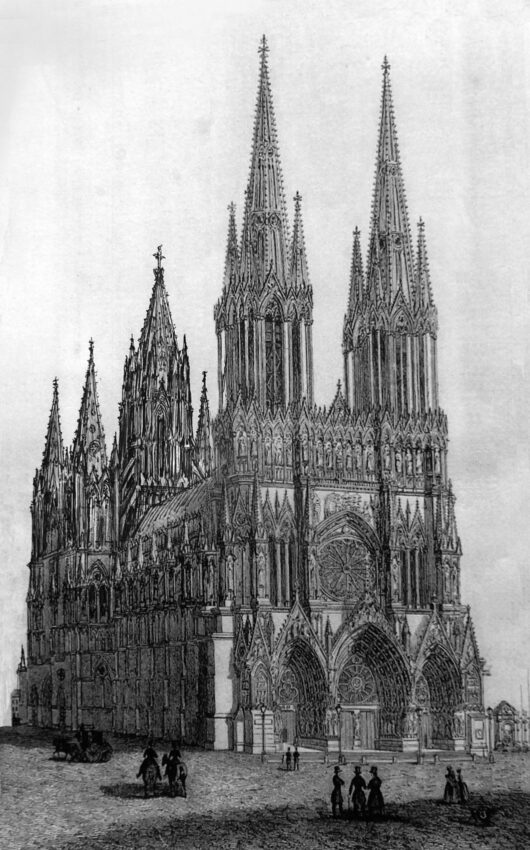 Kathedrale von Reims mit vollständig ausgeführter Turmgruppe in steinernen Formen. Ansicht von Westen.