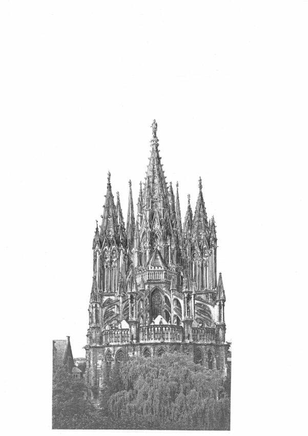 Kathedrale von Reims mit vollständig ausgeführter Turmgruppe in steinernen Formen. Ansicht von Osten.
