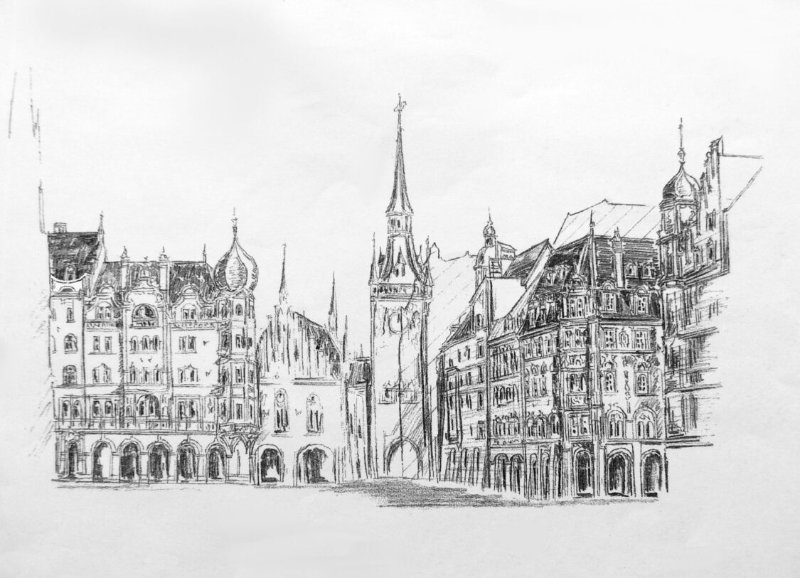 München. Umgestaltung des Marienplatzes Ostseite. Die Randbebauung wird zurückverlegt und baukünstlerisch abgeändert.