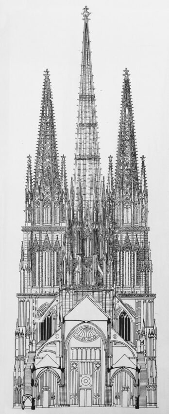 Straßburger Münster. Ansicht und Teilaufriss des Rekonstruktionsprojektes zur Westfassade nach Adler, dem neuen sehr hohen Vierungsturm sowie dem Hallenbau mit dem neuen Chor.