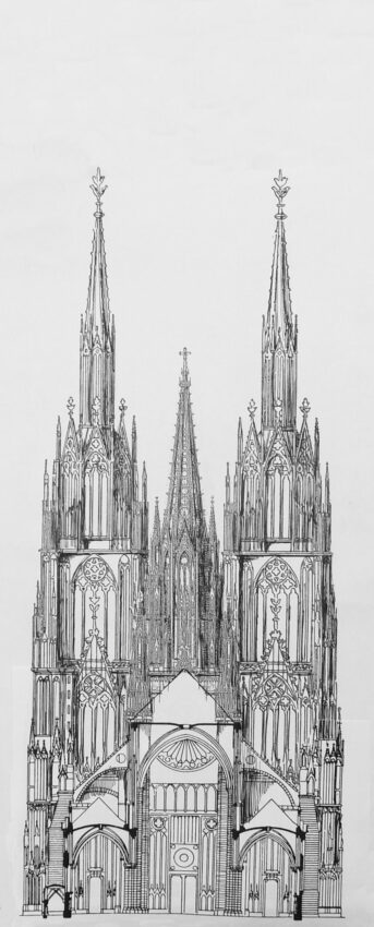 Straßburger Münster. Ansicht und Teilaufriss des Projektes nach dem Plan Erwin von Steinbachs zur Westfassade und mit steinernem durchbrochenem Turmhelms sowie erweitertem Choranbau.