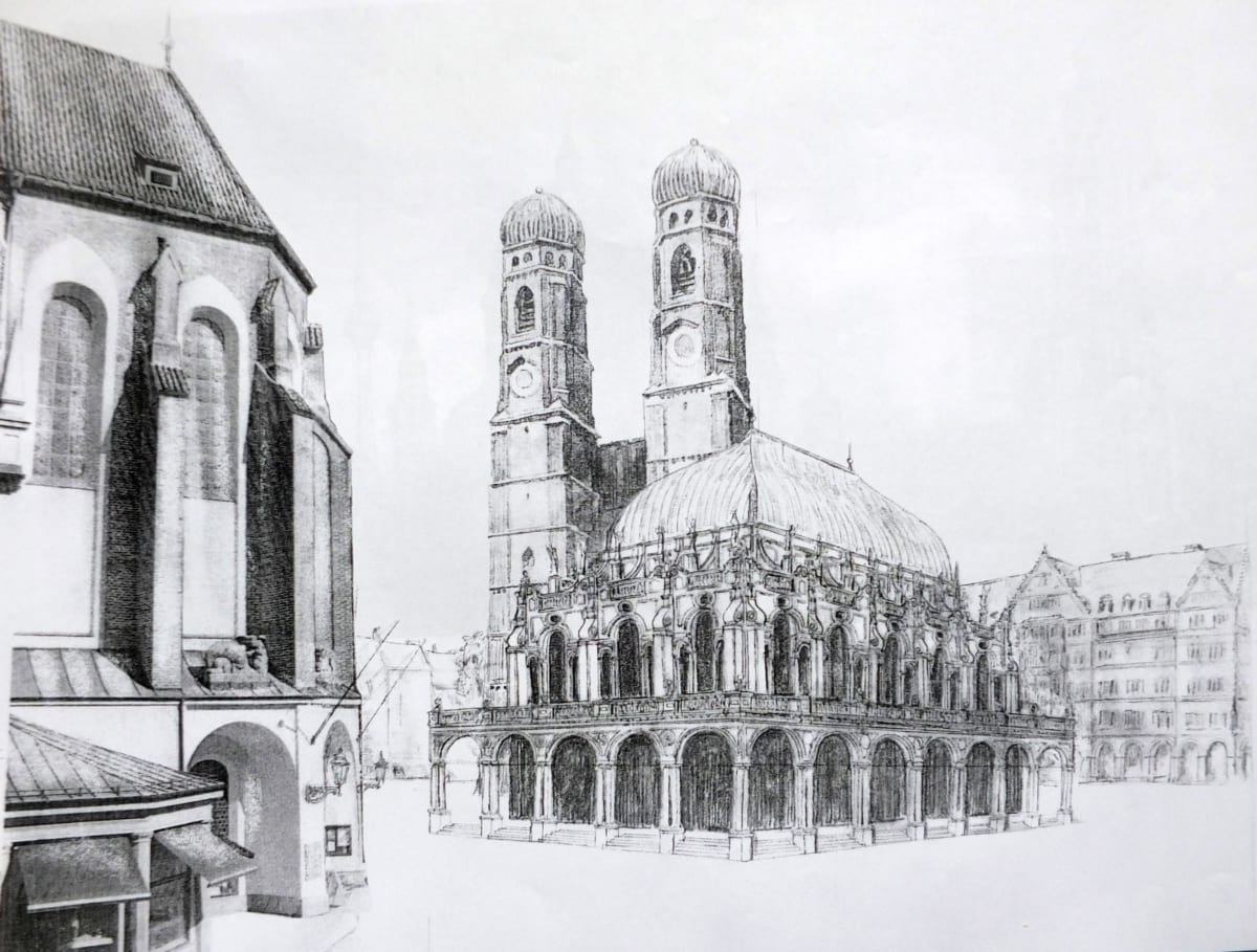 München. Stadthalle an der Domfreiheit. Perspektive von Westen gesehen. Im Vordergrund der Chor der ehemaligen Augustinerkirche.