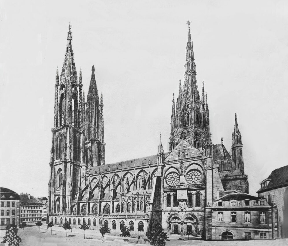 Straßburger Münster. Perspektivische Ansicht des Projektes nach Hültz mit vervollständigten Türmen und neuer Chorapsis.