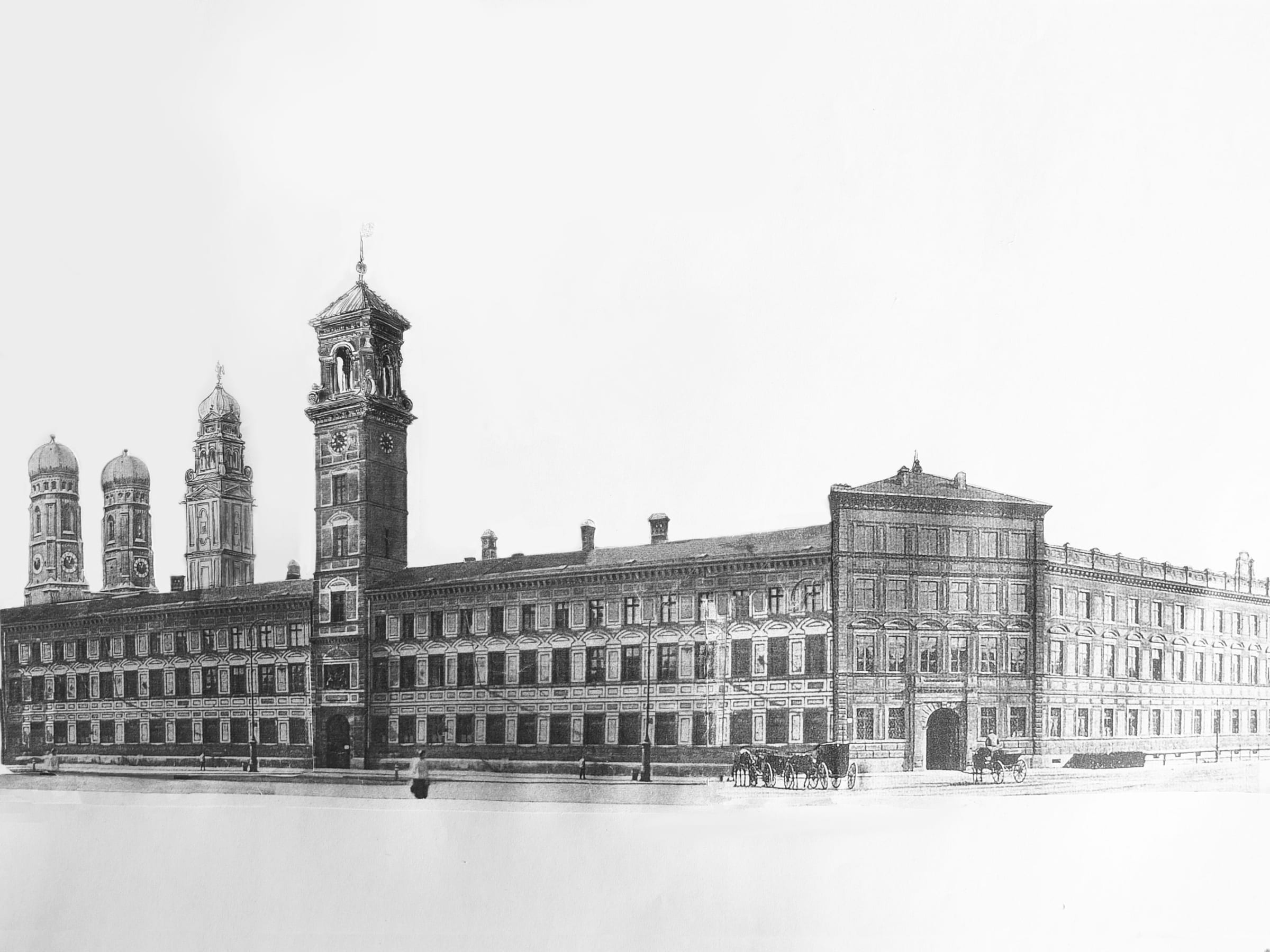 München. Die Maxburg mit abgeändertem Turmabschluss. Der italienische Charakter der Renaissanceresidenz wird somit verstärkt.