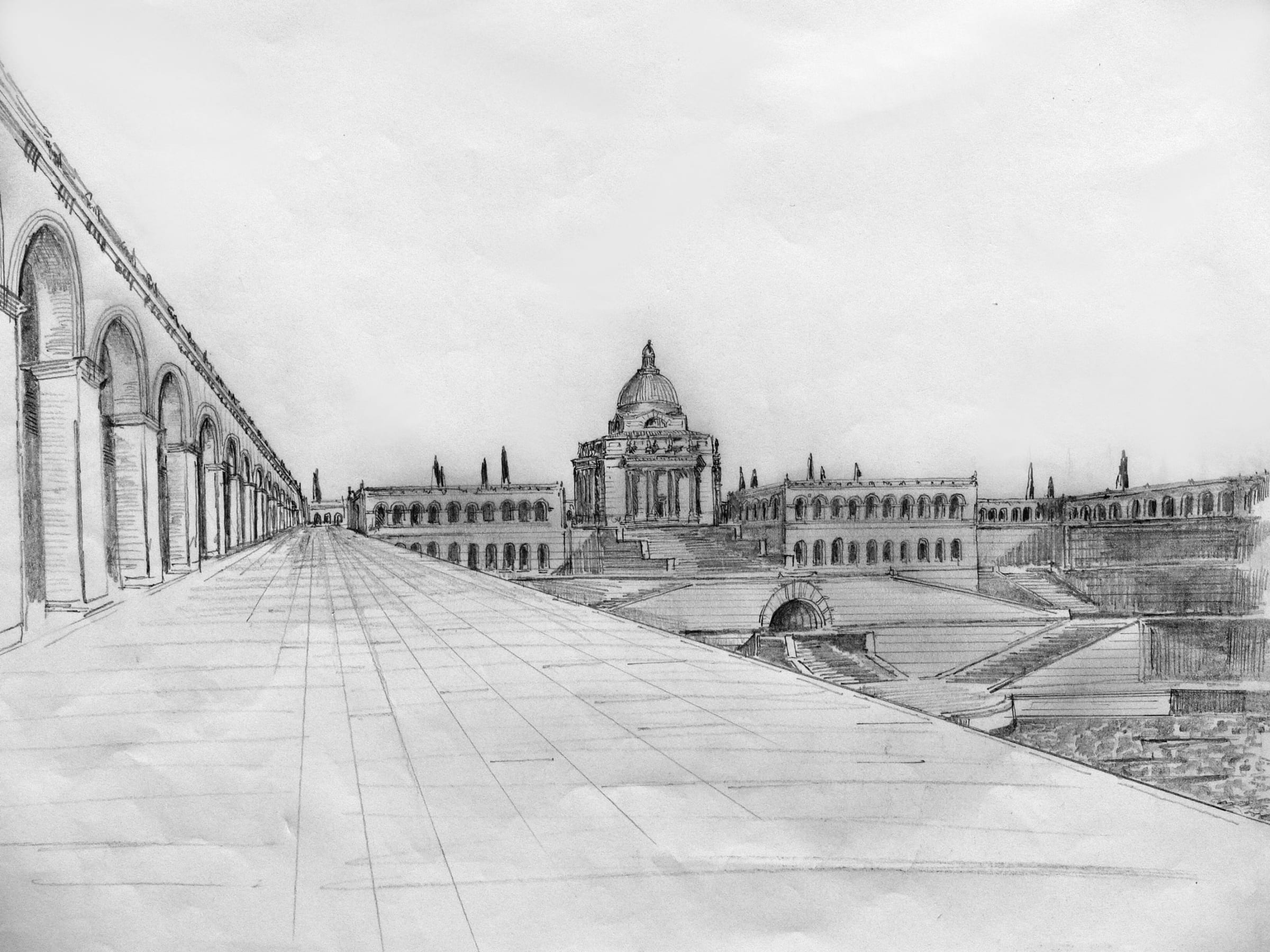 München. Hofgarten. Die auf Pläne von Architekten Braunfels zurück gehenden Ideen des zentralen Kuppelbaus und der seitlichen Galerieflügel wird überhöht durch eine monumentale Treppenanlage mit tiefer gelegenem Zierbecken.