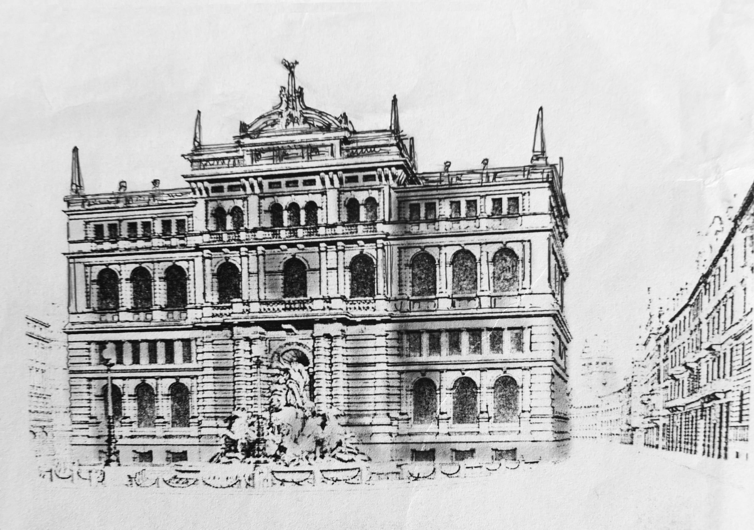 München. Hofgarten. Die auf tatsächliche Ideen zurückreichende Ausformung eines östlichen Vorplatzes des Hofgartens mit einem Münchner Fontana di Trevi.