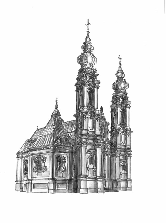 München. Klosterkirche St. Jacob als Perspektivzeichnung. Es handelt sich um eine Verschmelzung von Zentral- und Längsbau wie bei der Kirche St. Anna im Lehel.