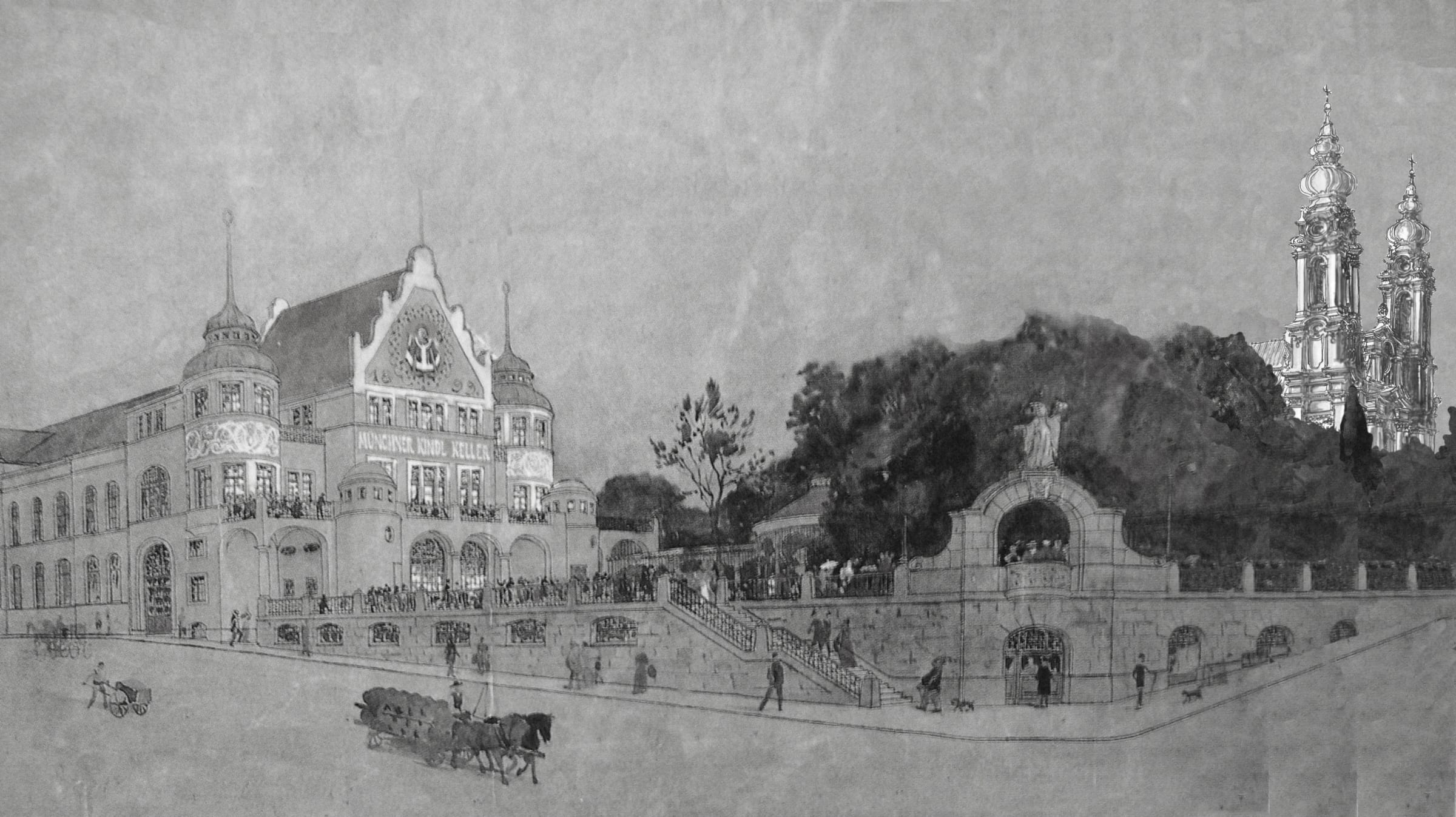 Der Anblick der Kirche vom Kindlkeller aus auf dem Gasteig.