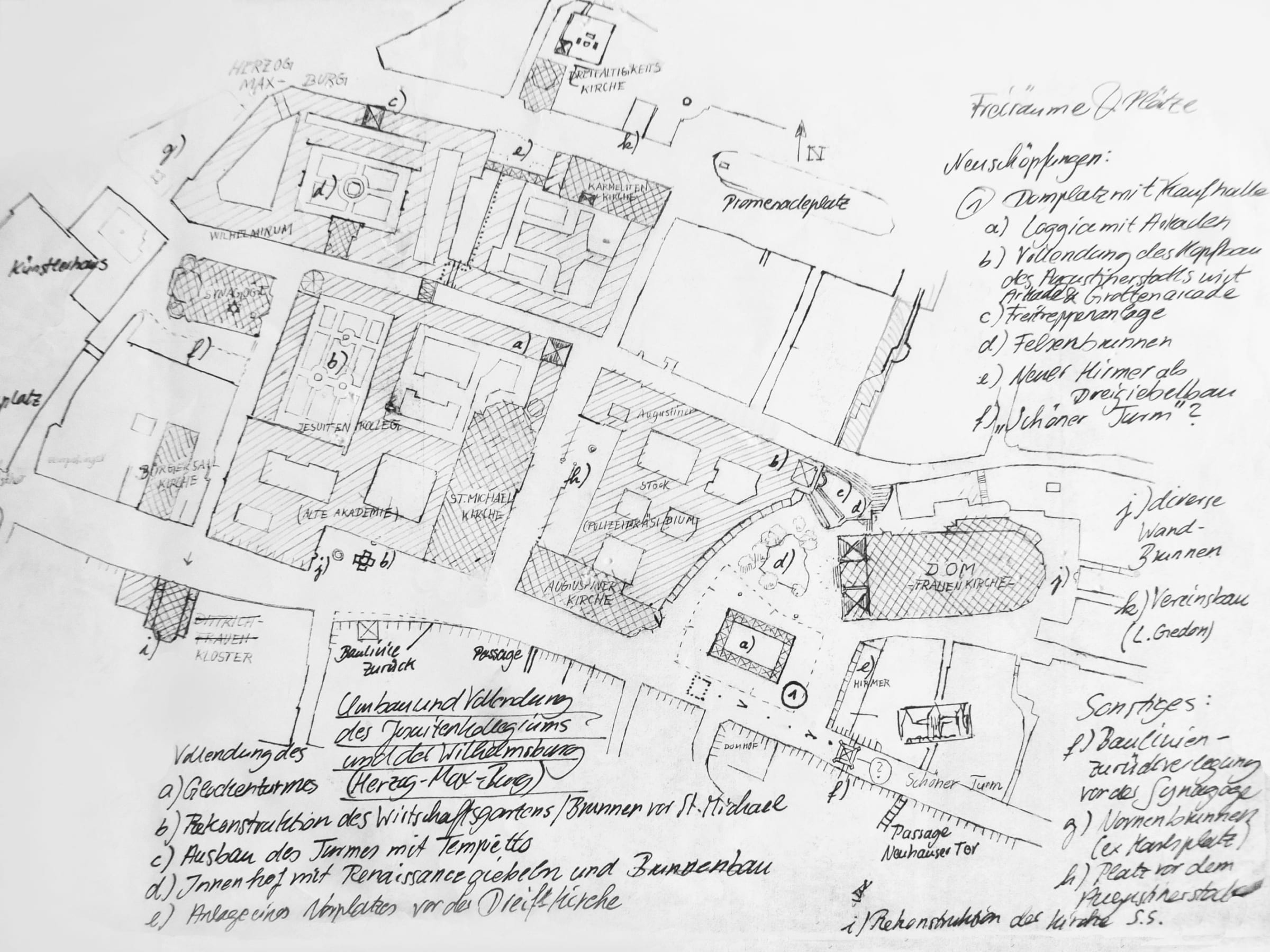 München. Stadtgrundriss der Umgebung der neuen Domfreiheit mit der Stadthalle. Im oberen Bereich die Herzögliche Maxburg.