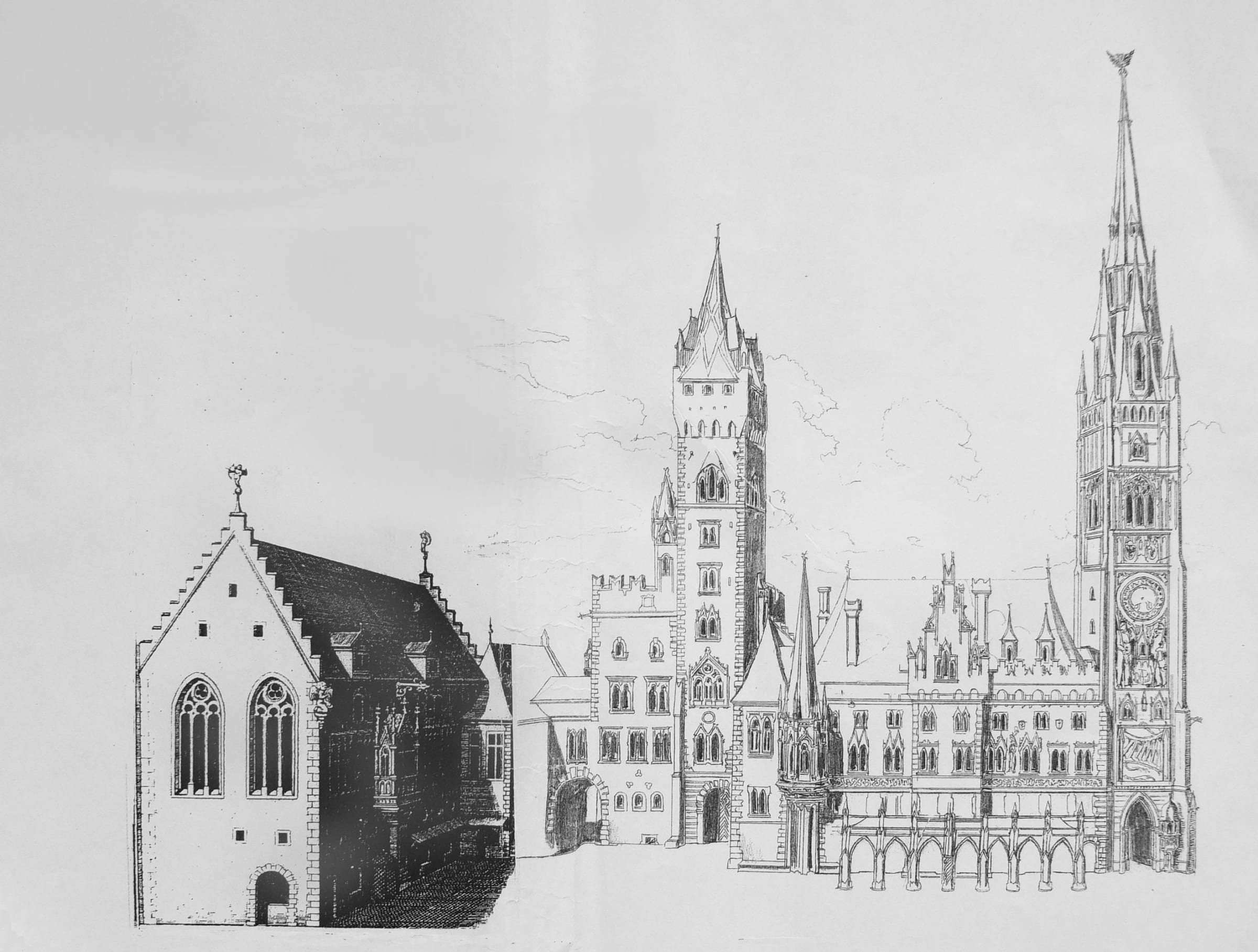 Regensburg Rathauskomplex im Mittelalter mit dem bemalten Stadtturm rechts.