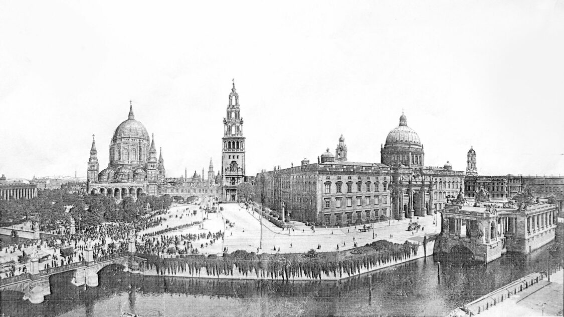 Berlin Kaiserforum perspektivisch von Westen dargestellt. Es dominieren die Kuppeln von Dom und Schloss, deren optische Verbindung durch den Kaiserturms zu Stande kommt.