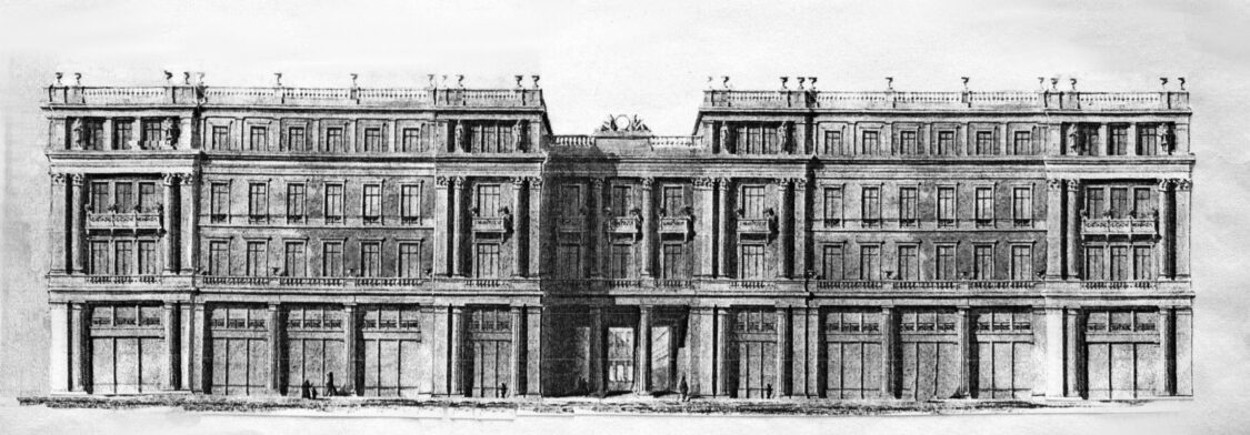 Schlossplatz mit Kaufhaus. Der erweiterte Schlossplatz wird nun abgeschlossen mit dem Passagenkauhaus nach Entwurf von F. Hitzig an der gegenüberliegenden Spreeseite.
