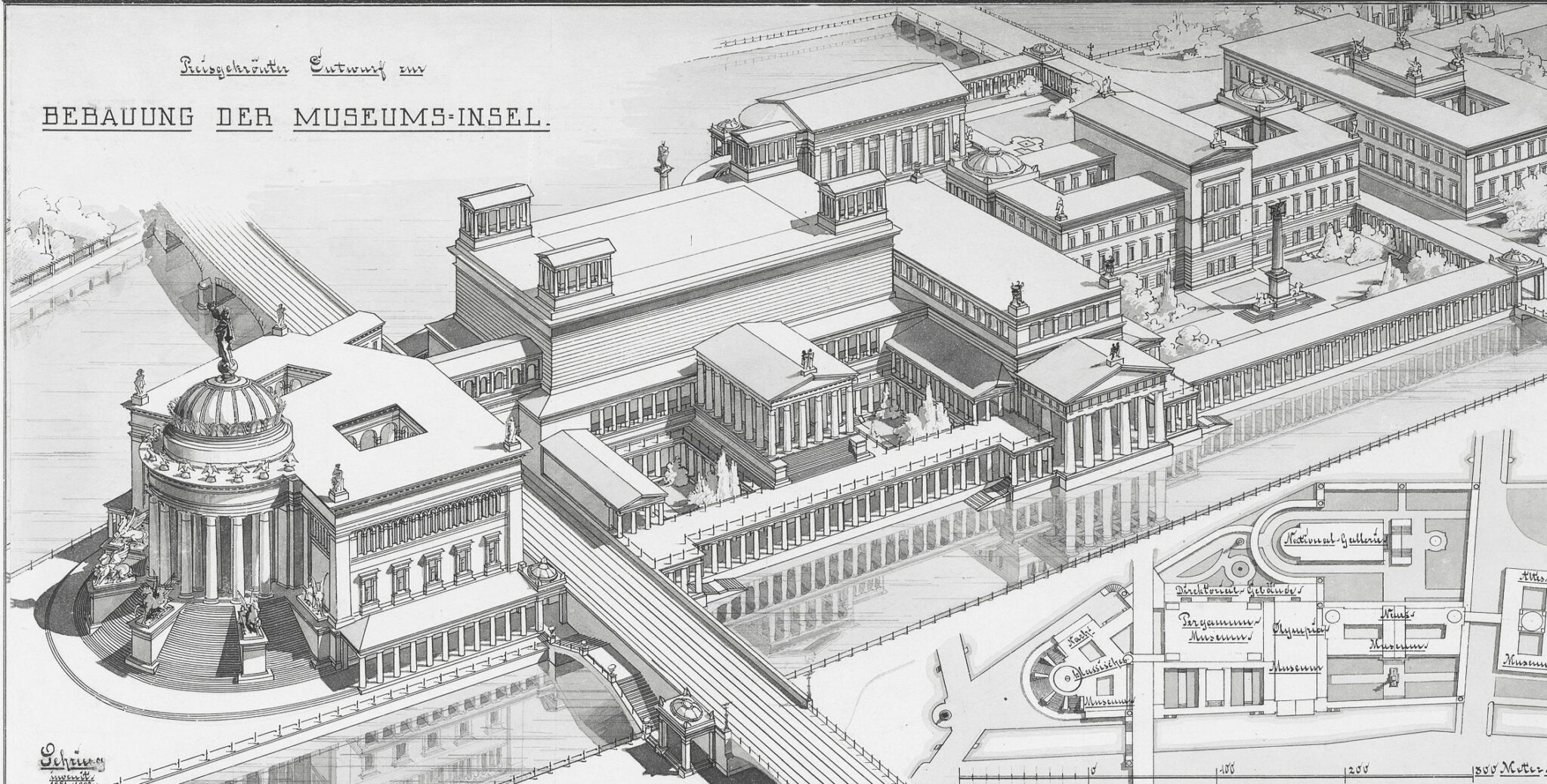 Berlin Museumsinsel mit allen Bauten nach dem Gesamtentwurf Bernhard Sehrings zum Schinkelwettbewerb 1881.