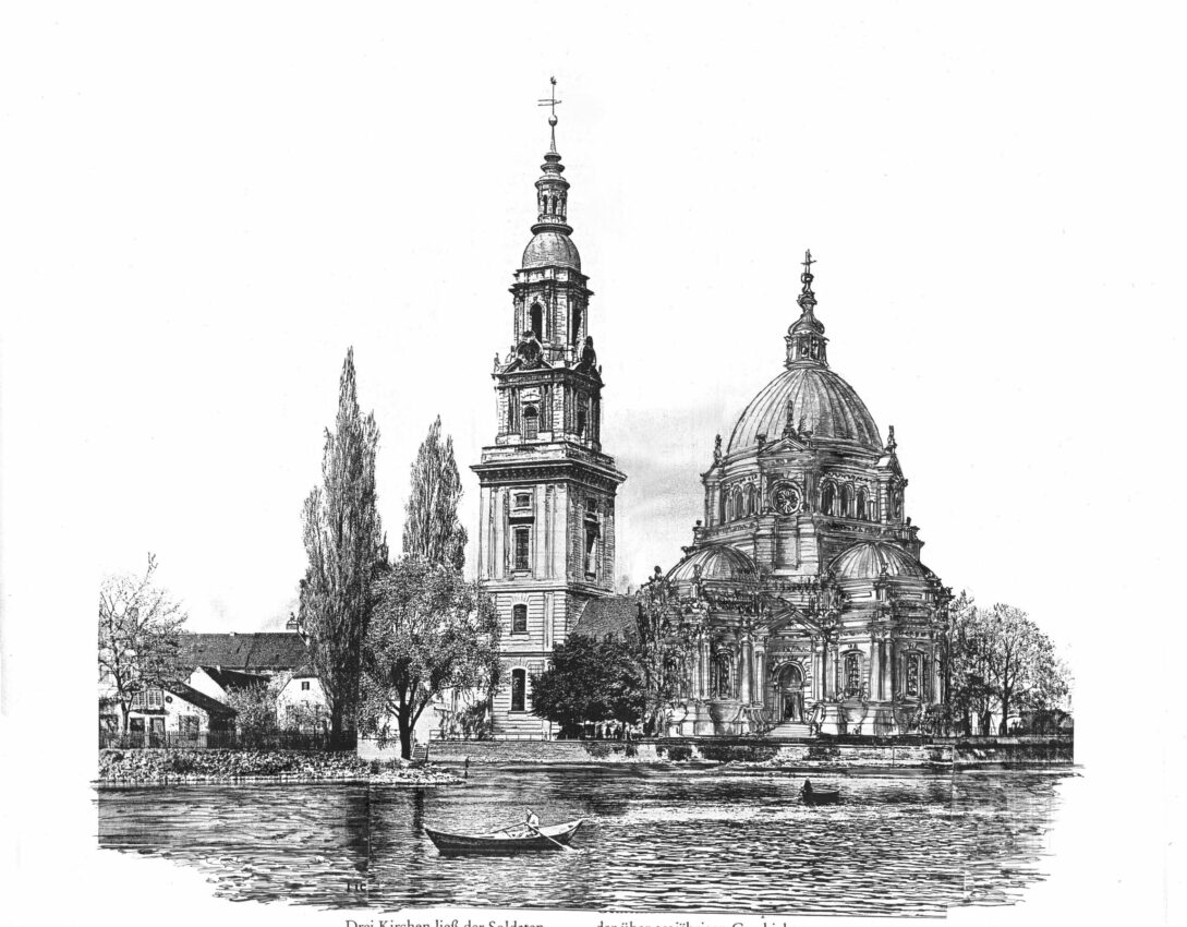 Potsdam Heilig-Geist Kirche. Perspektive von Süden auf die Kirche. Der Ausbauplan zeigt die Variante mit dem Kuppelbau