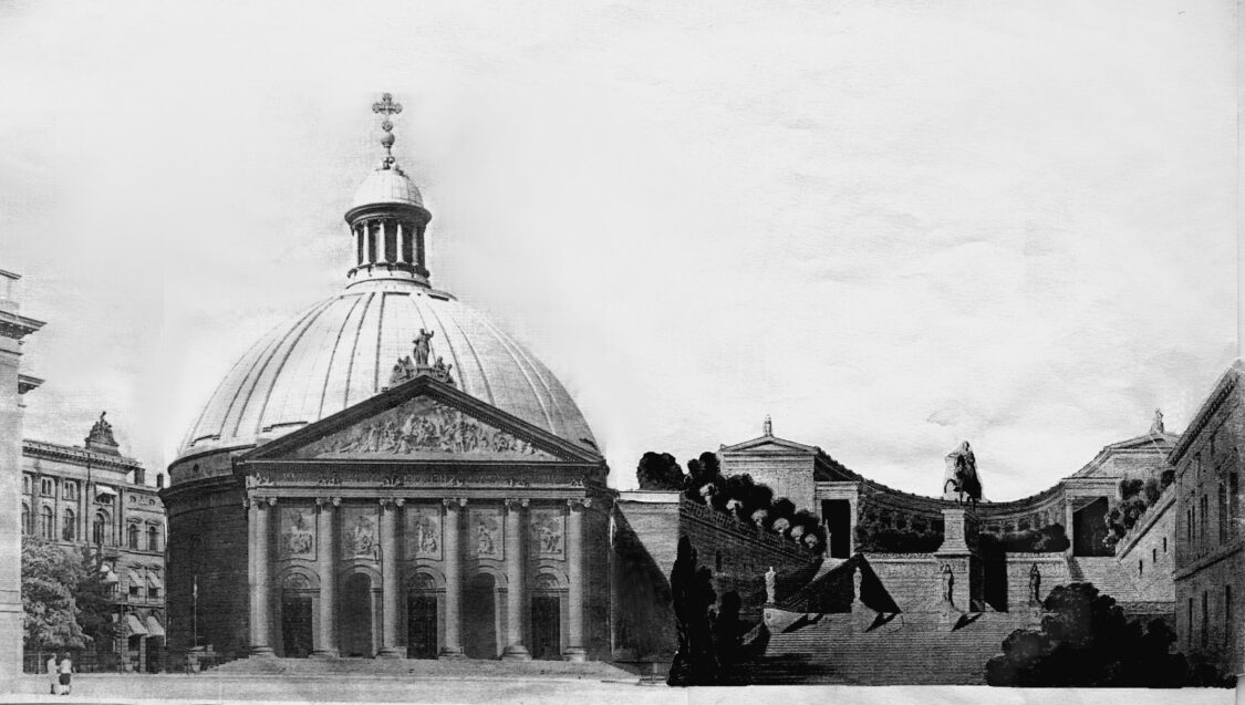 Forum Fridericianum. Neben der Hedwigs-Kirche wird ein den Platz abrundender Kopfbau mit Treppenanlagen vorgesehen.