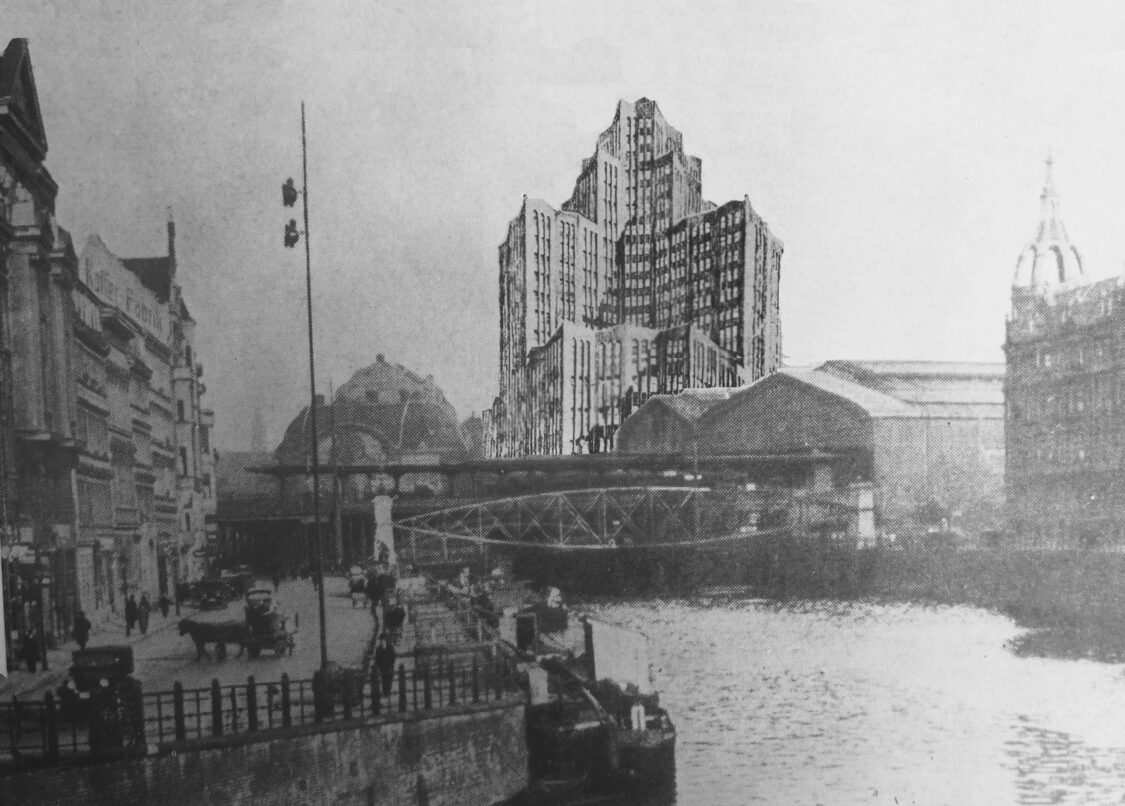 Expressionistischer Hochhausbau am Bahnhof Friedrichsstraße vom Wettbewerb 1921.