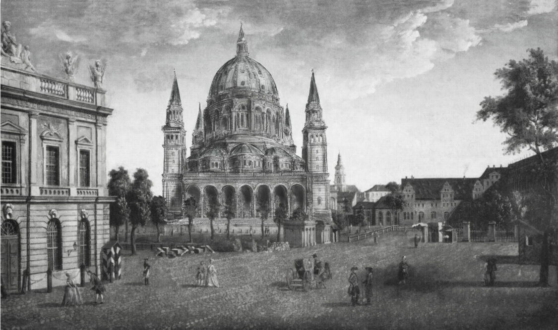 Berliner Dom als Entwurf Bernhard Kolschers von 1867. Perspektivische Darstellung des Entwurfes vom Lustgarten.