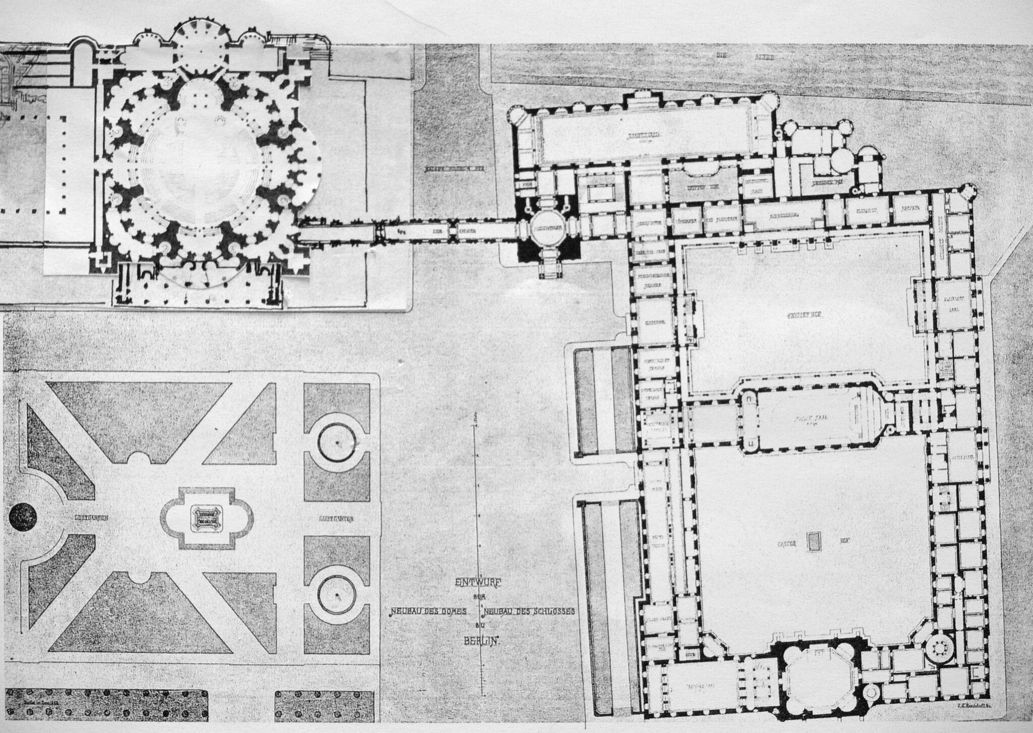Das Kaiserforum auf der Spreeinsel. Grundrissplan von Dom und Schloss mit Glockenturm und Verbindungsgang.