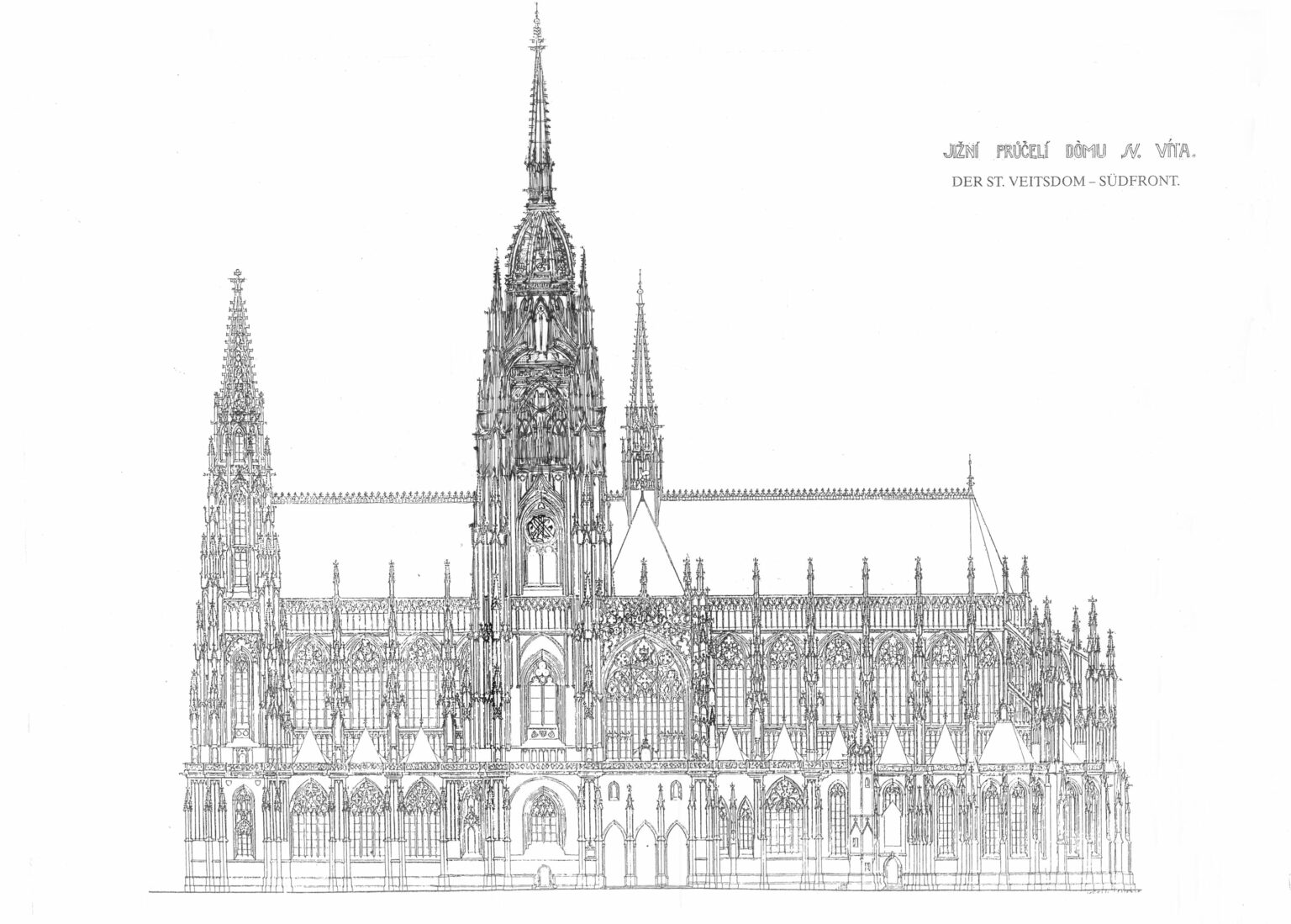 Dom St. Veit mit Turmkuppel. Aufriss von Süden