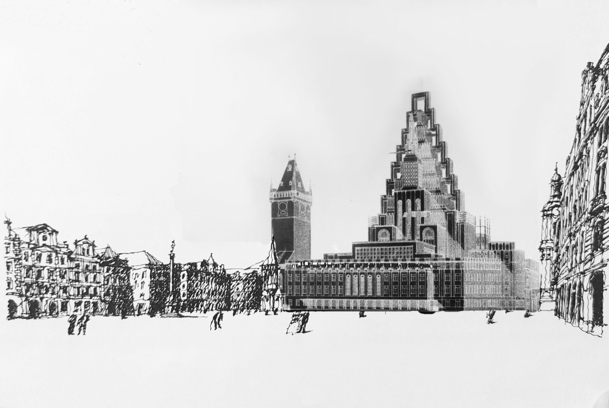 Prag. Rathaus. Vision des Erweiterungsbaus durch Joseph Gocar 1914