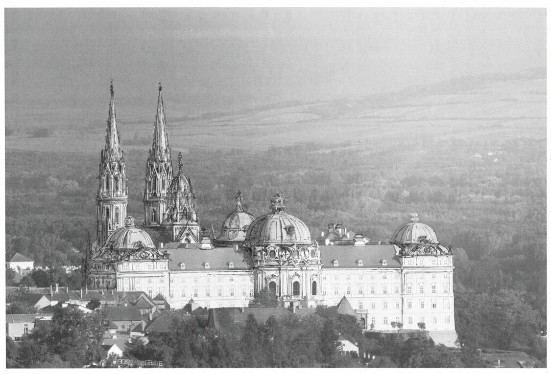 Klosterneuburg. Perspektive mit vollendetem Klosterbau und neugotischen Kirchtürmen