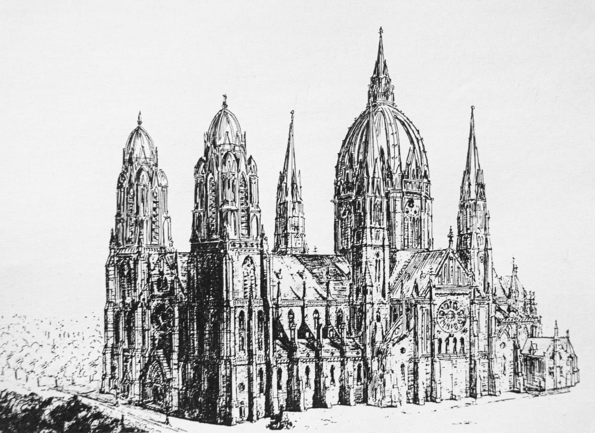Perspektivische Darstellung des überarbeiteten Entwurfs zur Kirche St. Willibrordus am großen Amstelkanal. Das Projekt zeigt die Variante mit Kuppeln.